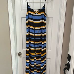 MICHAEL KORS L Maxi Dress Yellow/Orange Blue Stripe Draw String Slit Dress